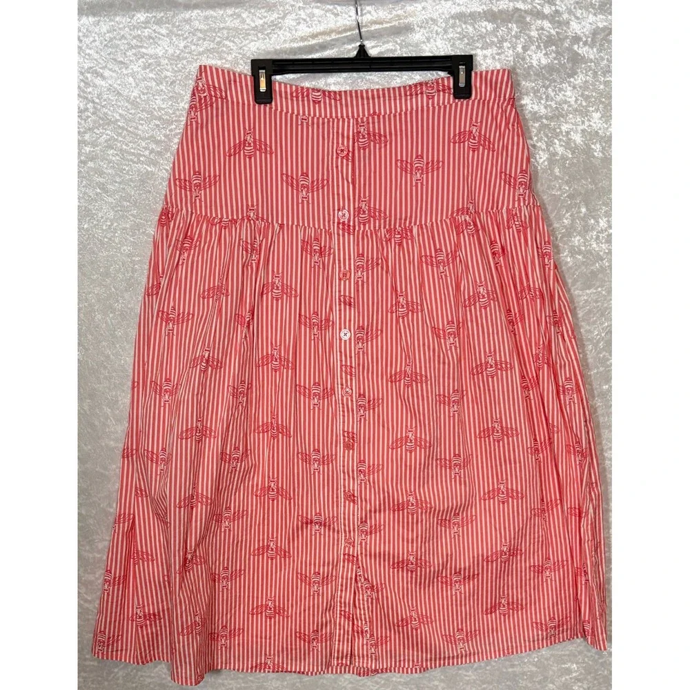 Red‎ White Striped Bee Print Button Front Tiered Midi Skirt Womens